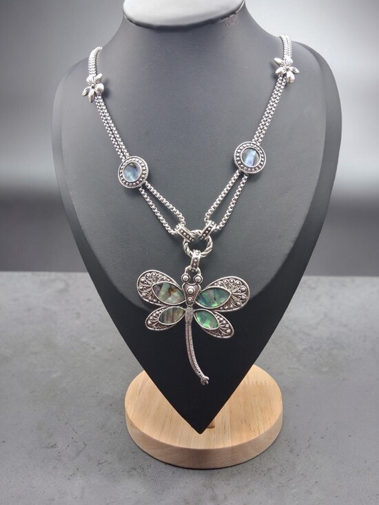 Jewelry - Abalone Shell and Austrian Crystal Dragonfly Necklace in Silvertone 22-24"